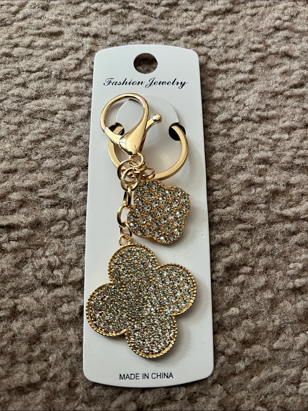 Gold Crystal Clover Keychain Charm - Fashion Jewelry